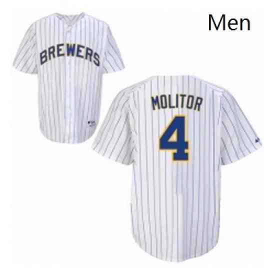 Mens Majestic Milwaukee Brewers 4 Paul Molitor Replica White blue strip MLB Jersey